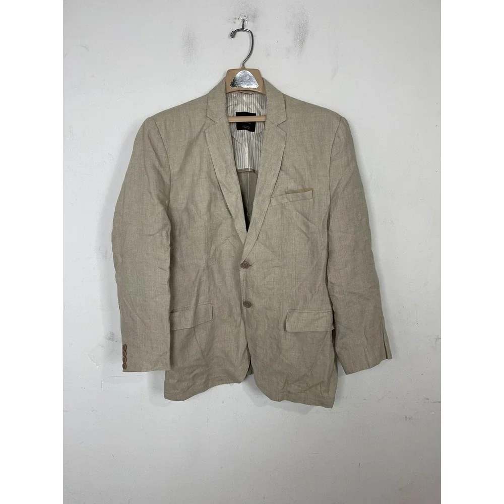 Zara‎ Mens Blazer Mens Large 44 Tan 100% Linen Summer Wedding Classic Casual